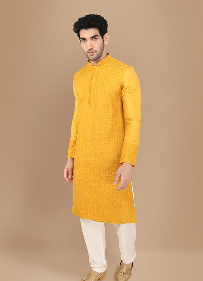 Manyavar Men Amber Yellow Self Design Kurta Set