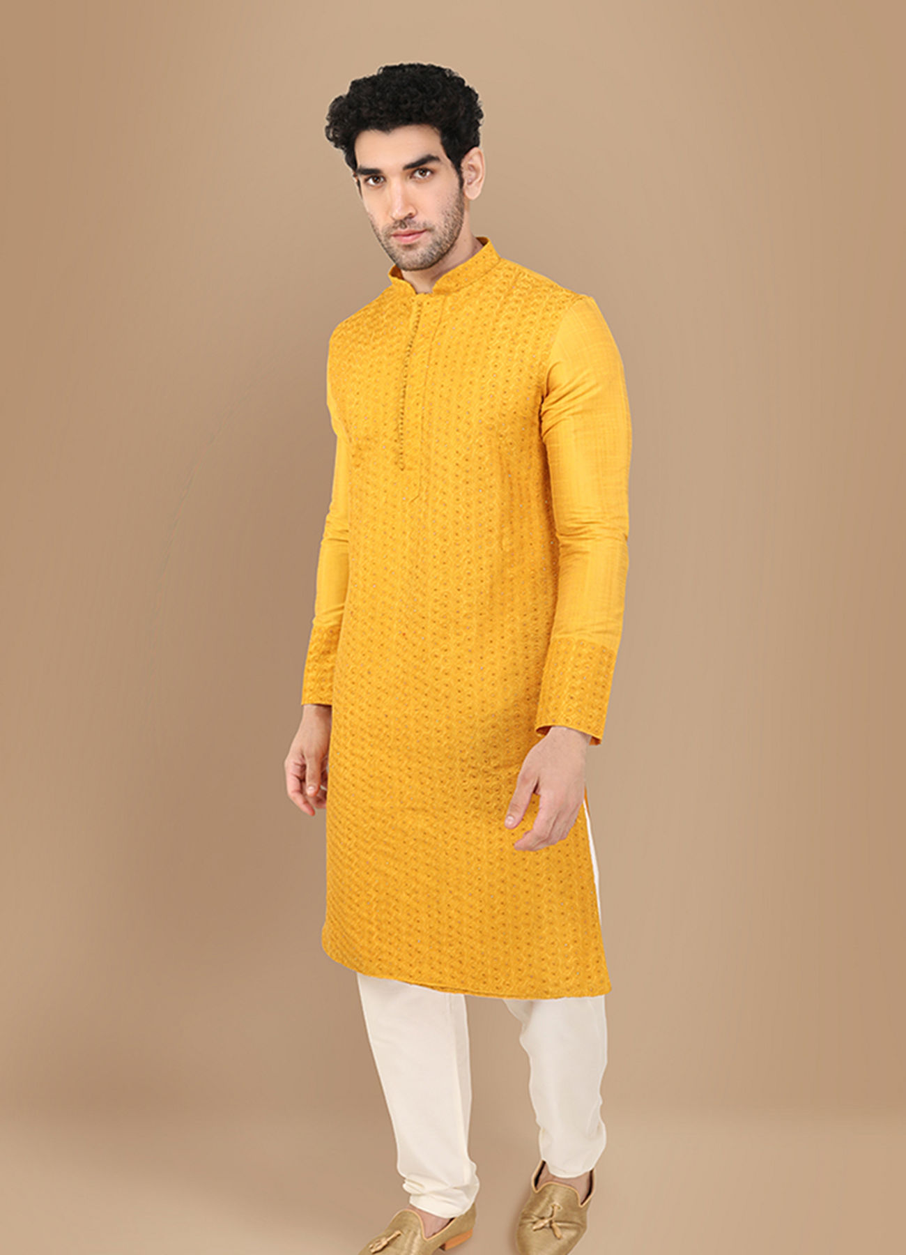 Manyavar Men Amber Yellow Self Design Kurta Set