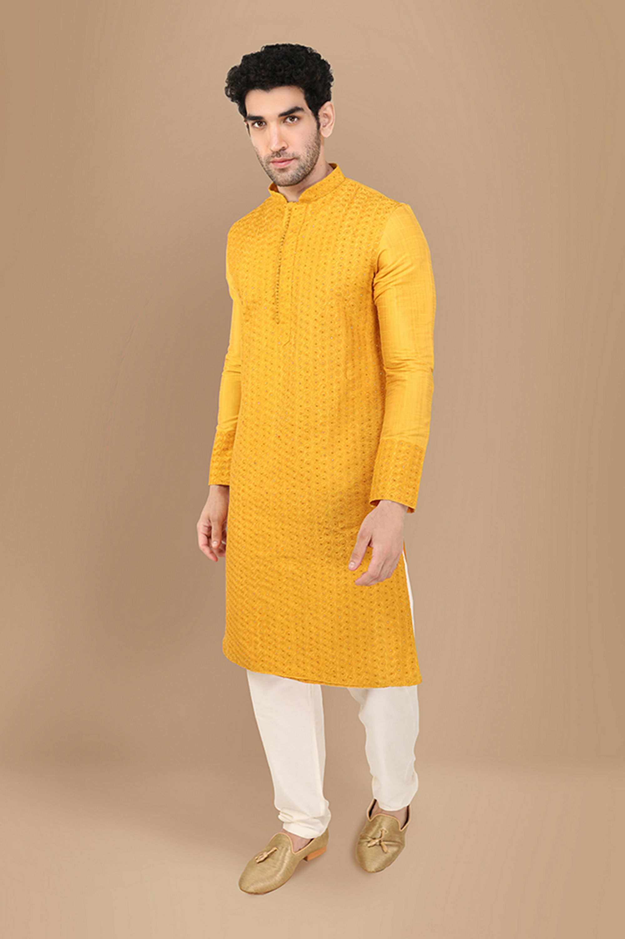 Manyavar Men Amber Yellow Self Design Kurta Set