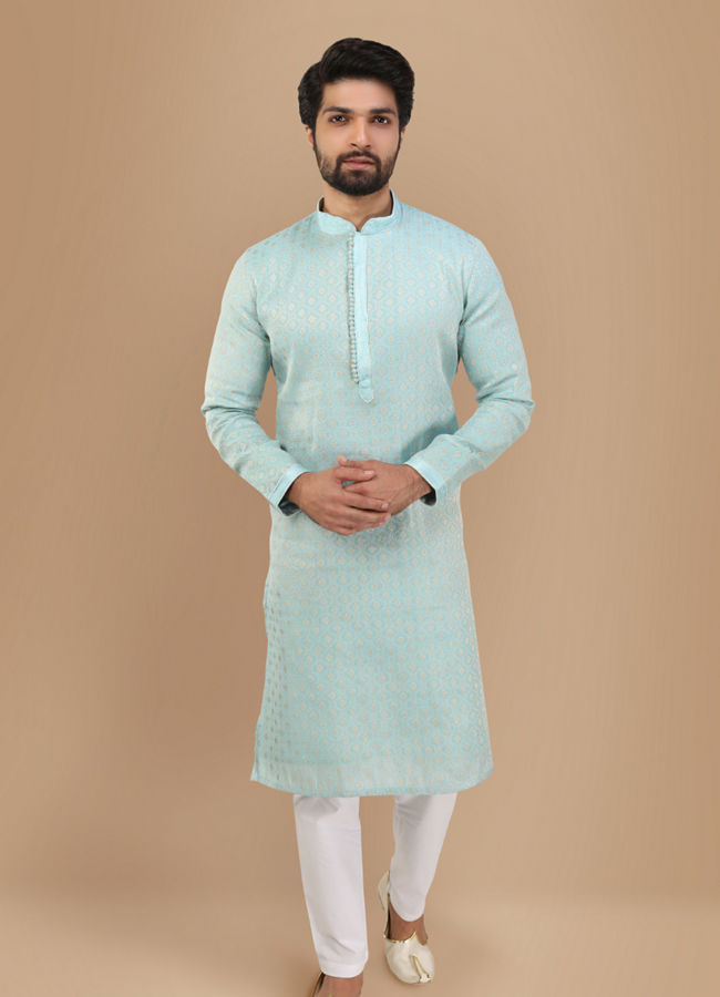 Manyavar Men Powder Blue Self Design Kurta Set