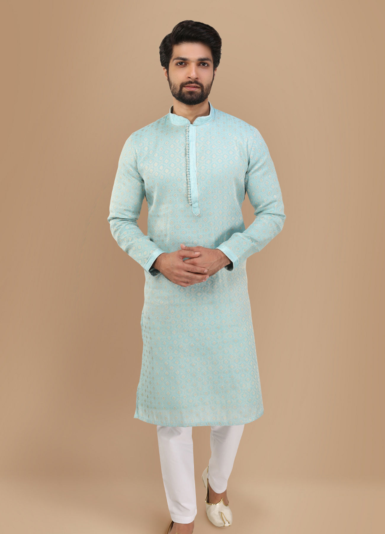 Manyavar Men Powder Blue Self Design Kurta Set