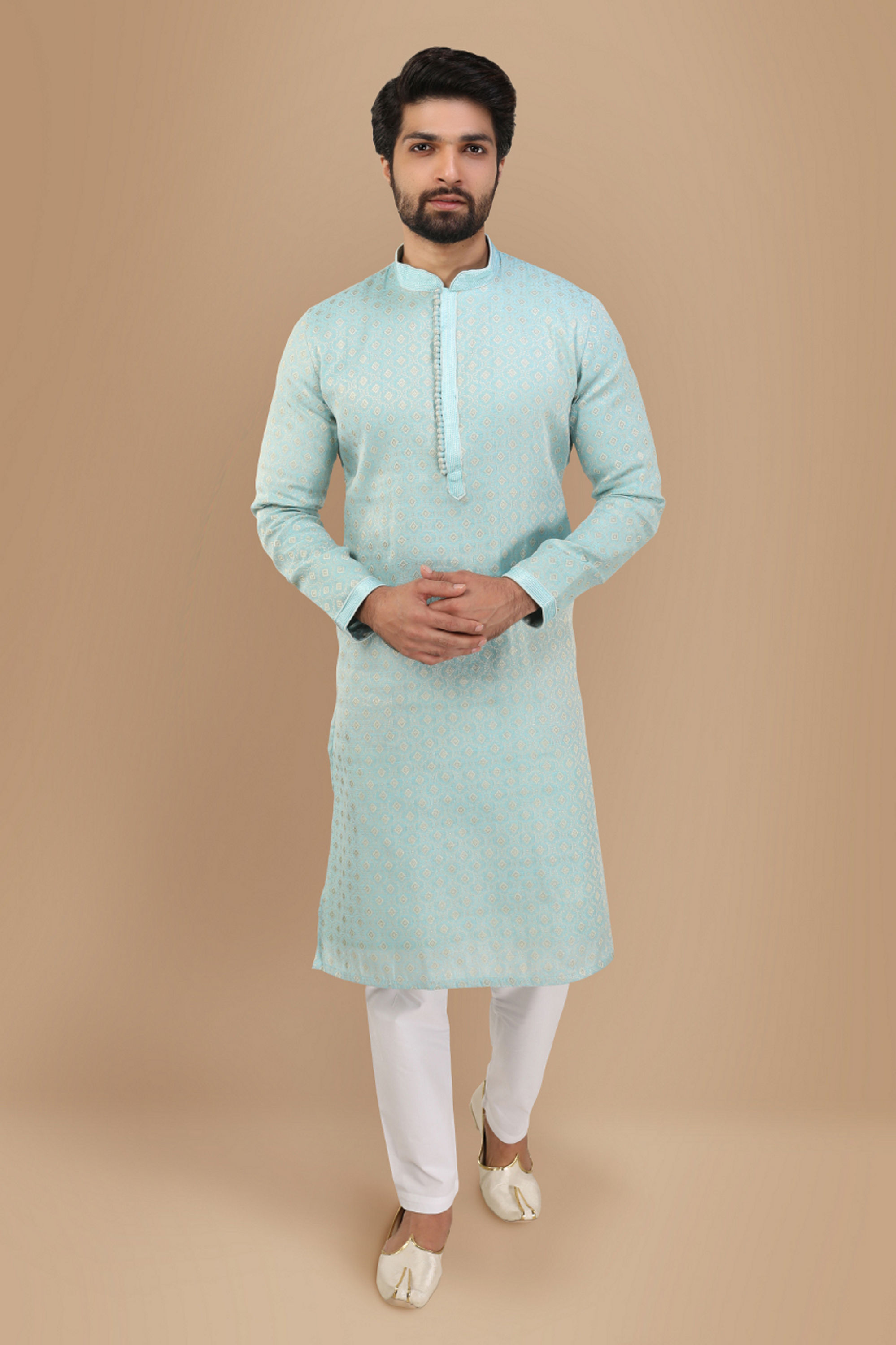 Manyavar Men Powder Blue Self Design Kurta Set