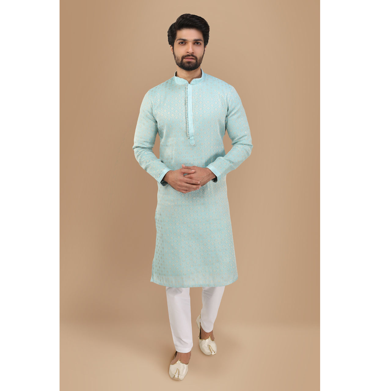 Manyavar Men Powder Blue Self Design Kurta Set