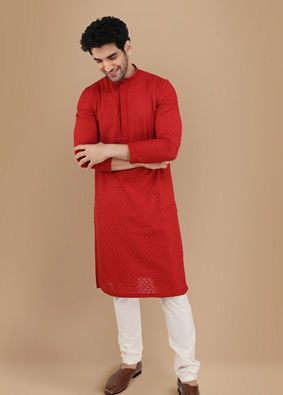 Manyavar Men Red Chikankari Kurta Set