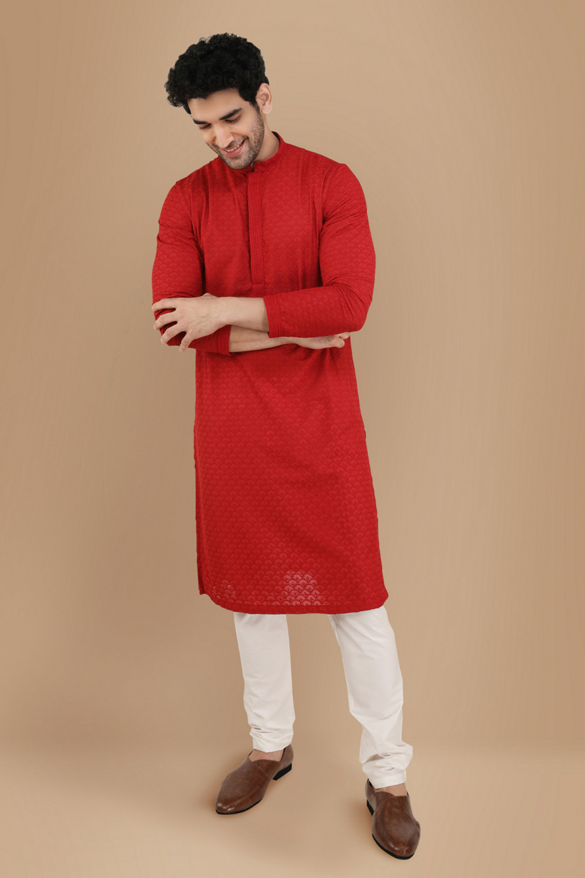 Manyavar Men Red Chikankari Kurta Set