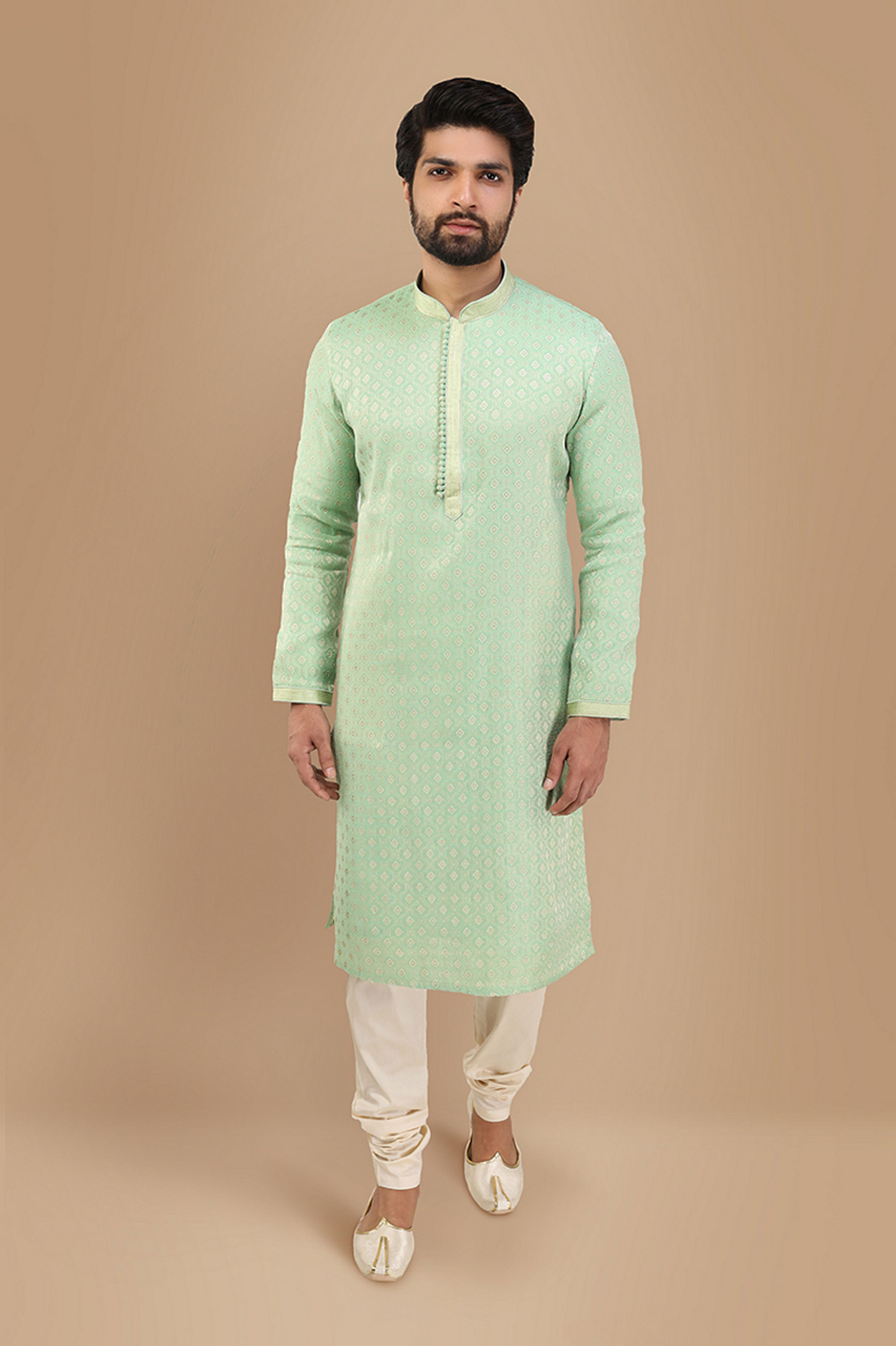 Manyavar Men Mint Green Jacquard Kurta Set