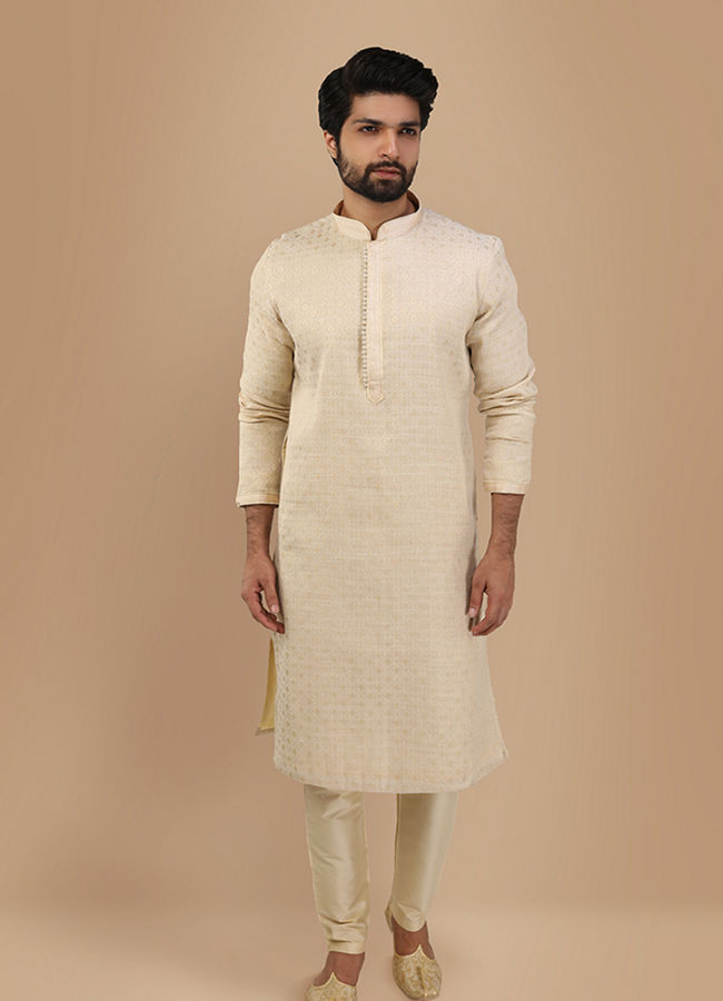 Manyavar Men Cream Jacquard Kurta Set
