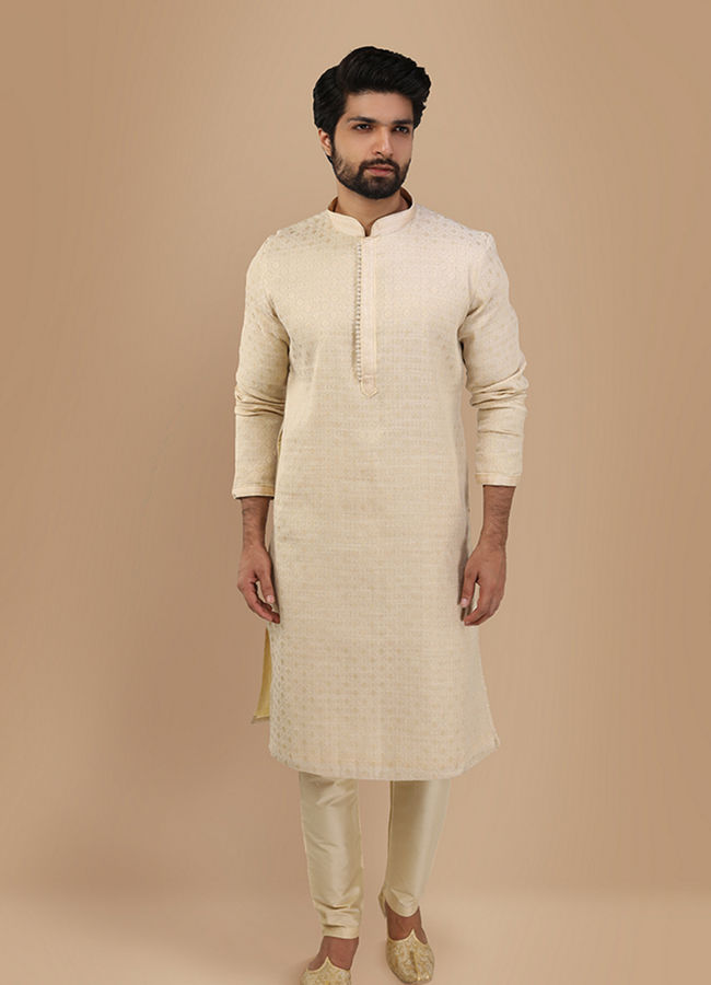 Manyavar Men Cream Jacquard Kurta Set image number 1