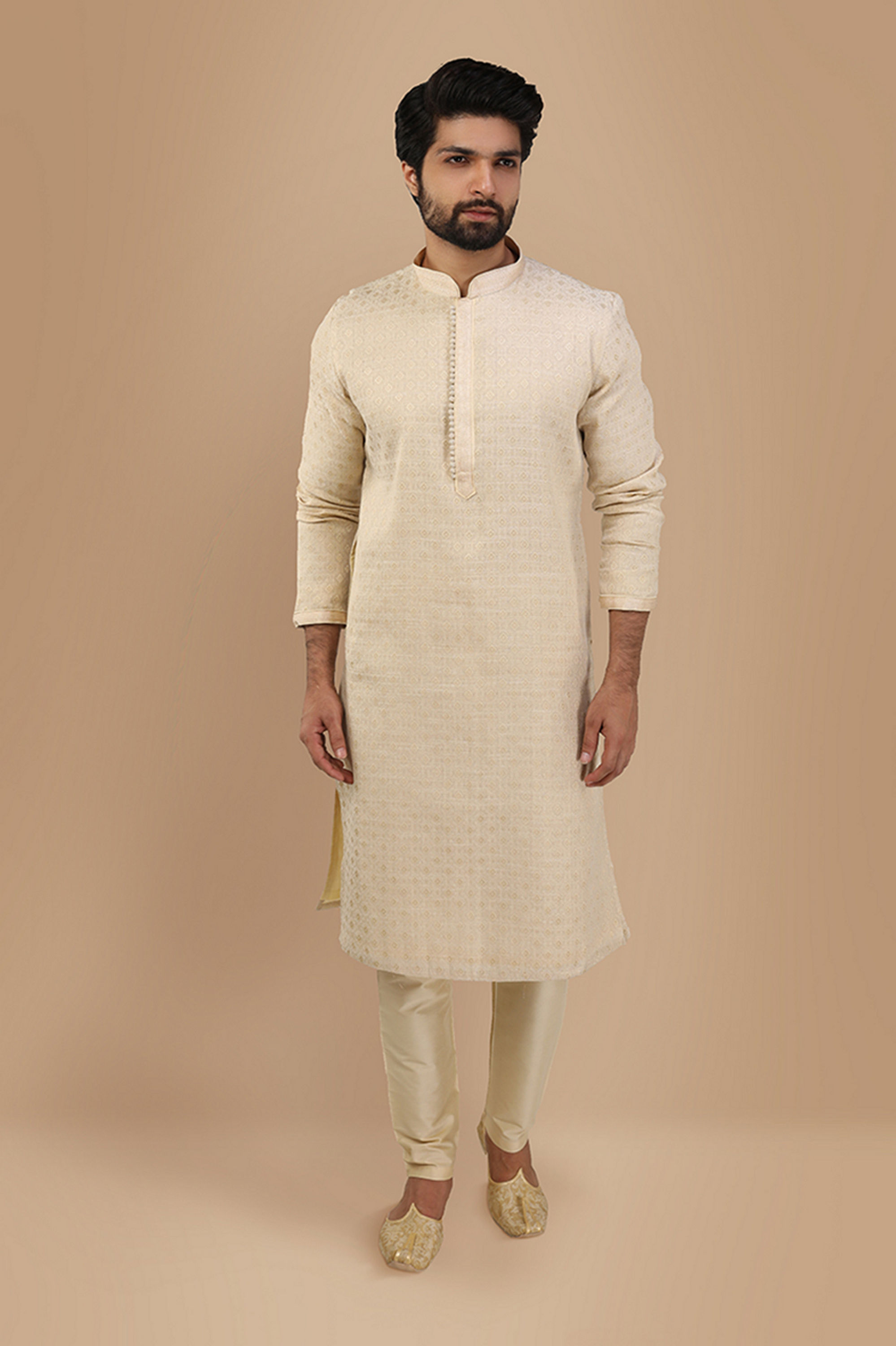 Manyavar Men Cream Jacquard Kurta Set