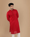 alt message - Manyavar Men Scarlet Red Kurta Set With Neck Detailing image number 1