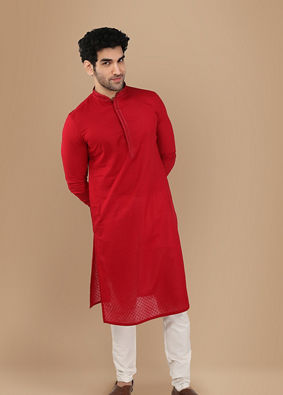 alt message - Manyavar Men Scarlet Red Kurta Set With Neck Detailing image number 1