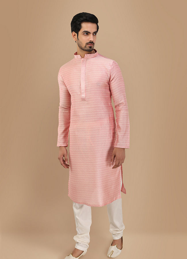 Manyavar Men Salmon Pink Self Texture Kurta Set