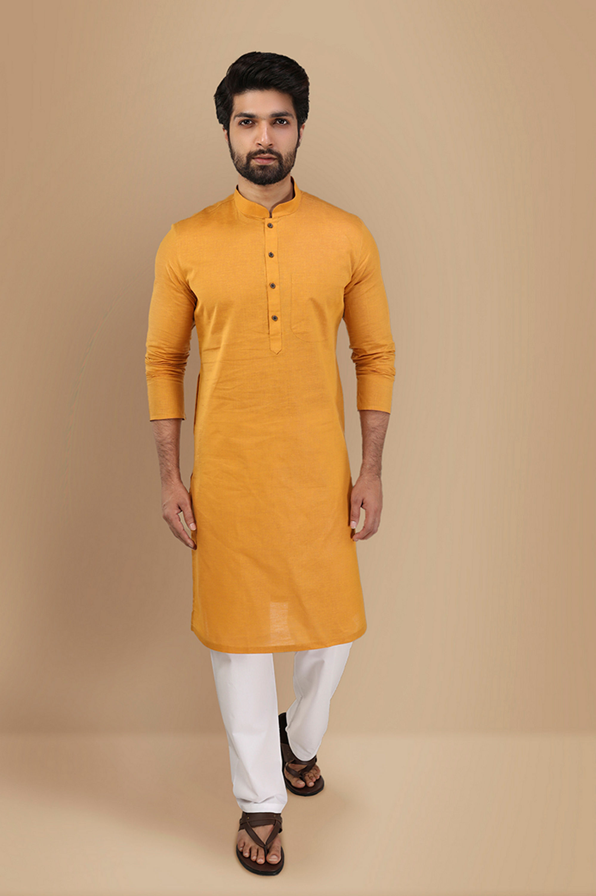 Manyavar Men Mustard Yellow Solid Kurta