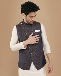 Manyavar Men Blue Printed Angrakha Style Jacket