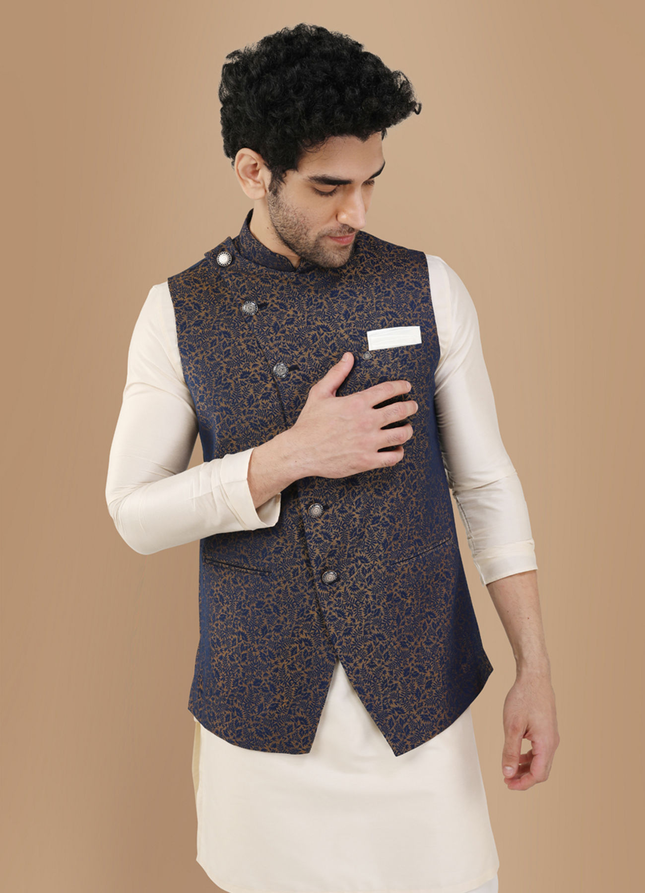 Manyavar Men Blue Printed Angrakha Style Jacket