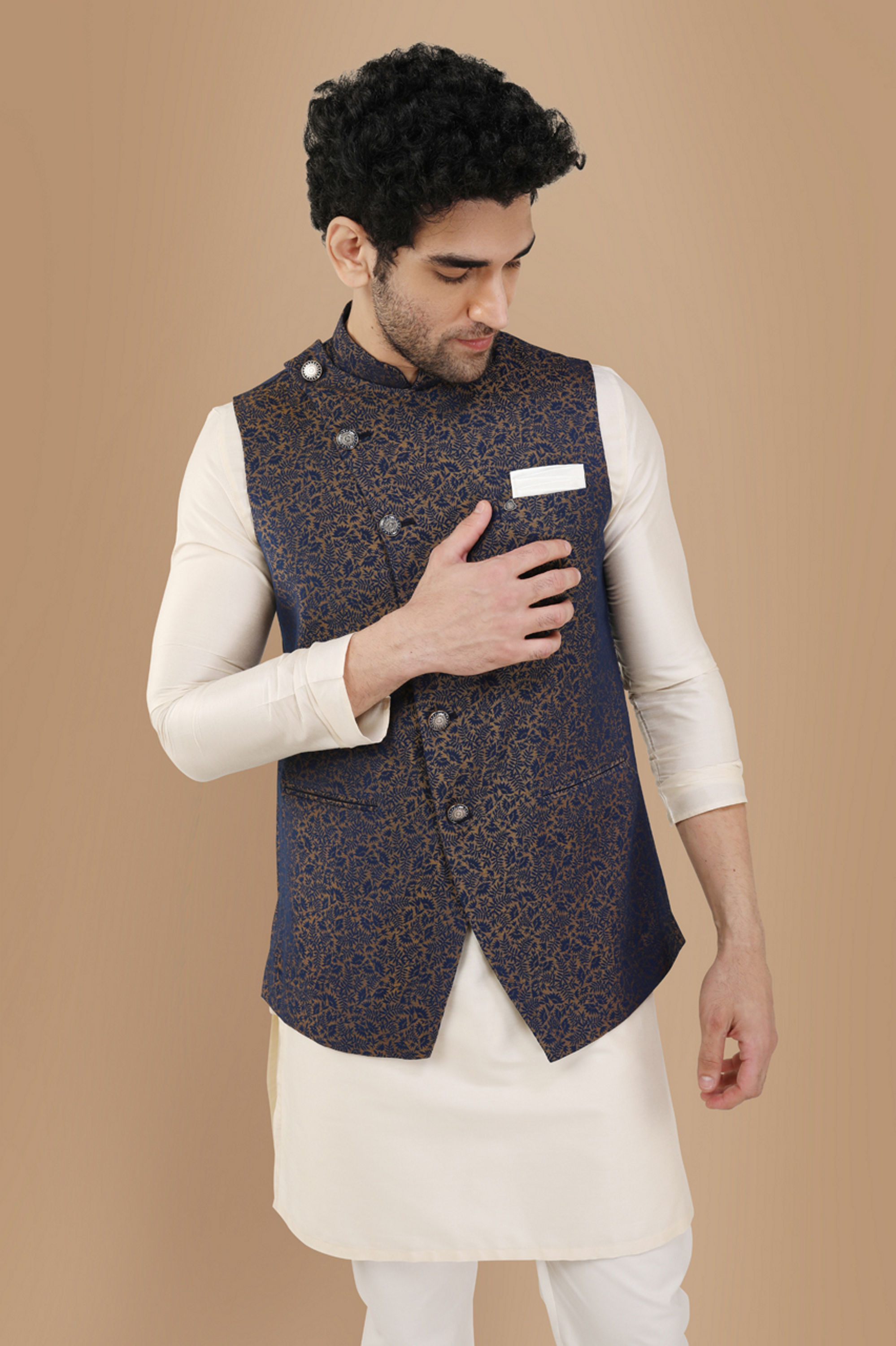 Manyavar Men Blue Printed Angrakha Style Jacket