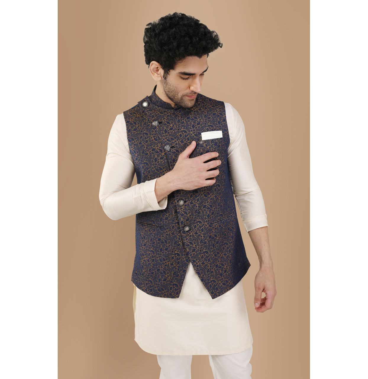Manyavar Men Blue Printed Angrakha Style Jacket