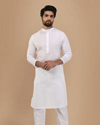 Manyavar Men Pearl White Solid Kurta Set