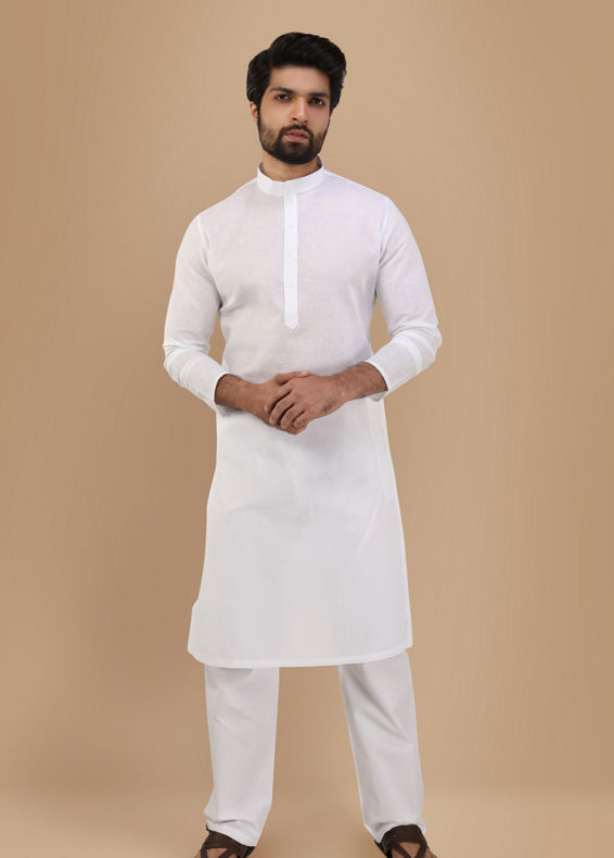 Manyavar Men Pearl White Solid Kurta Set