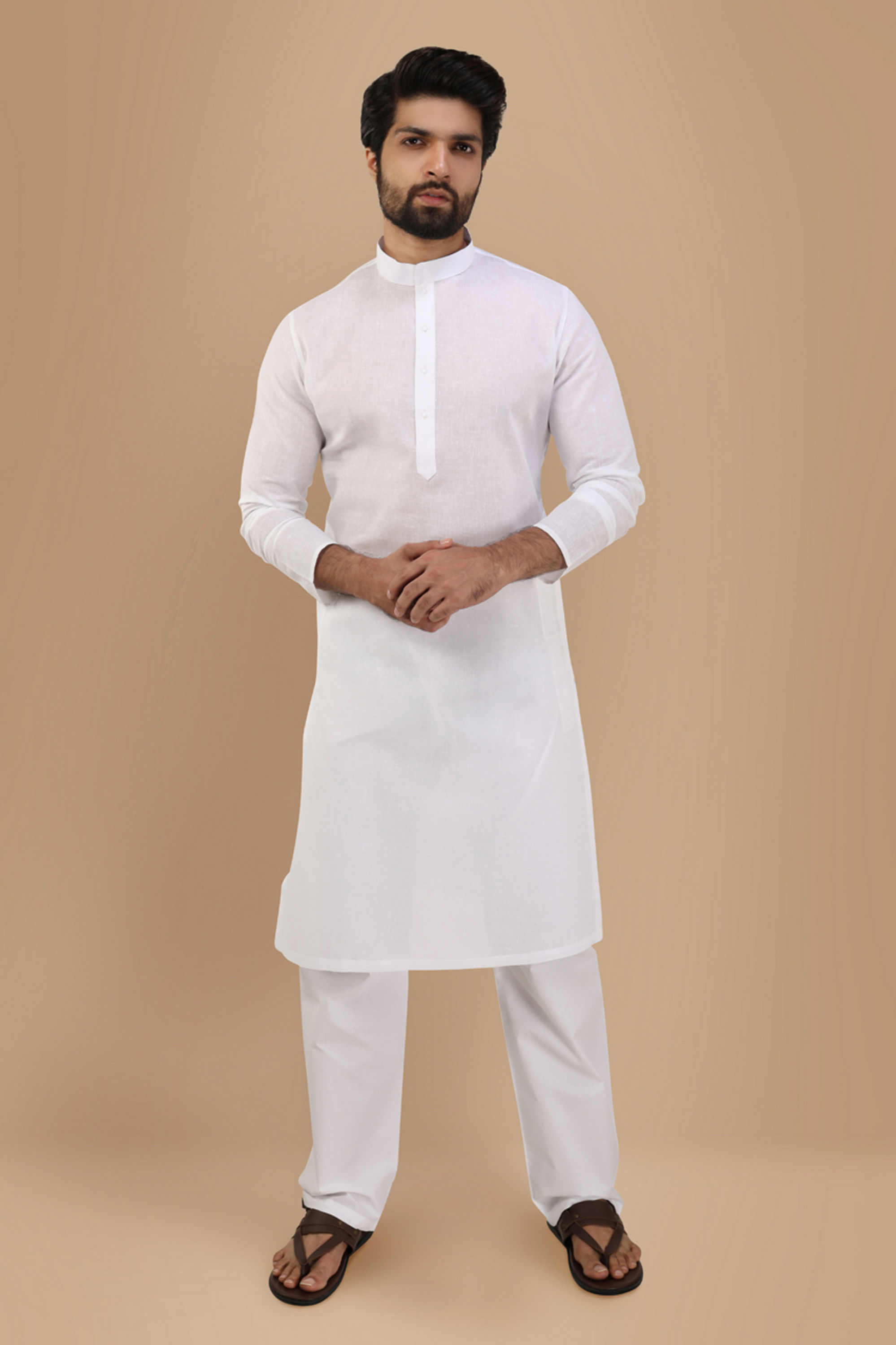 Manyavar Men Pearl White Solid Kurta Set