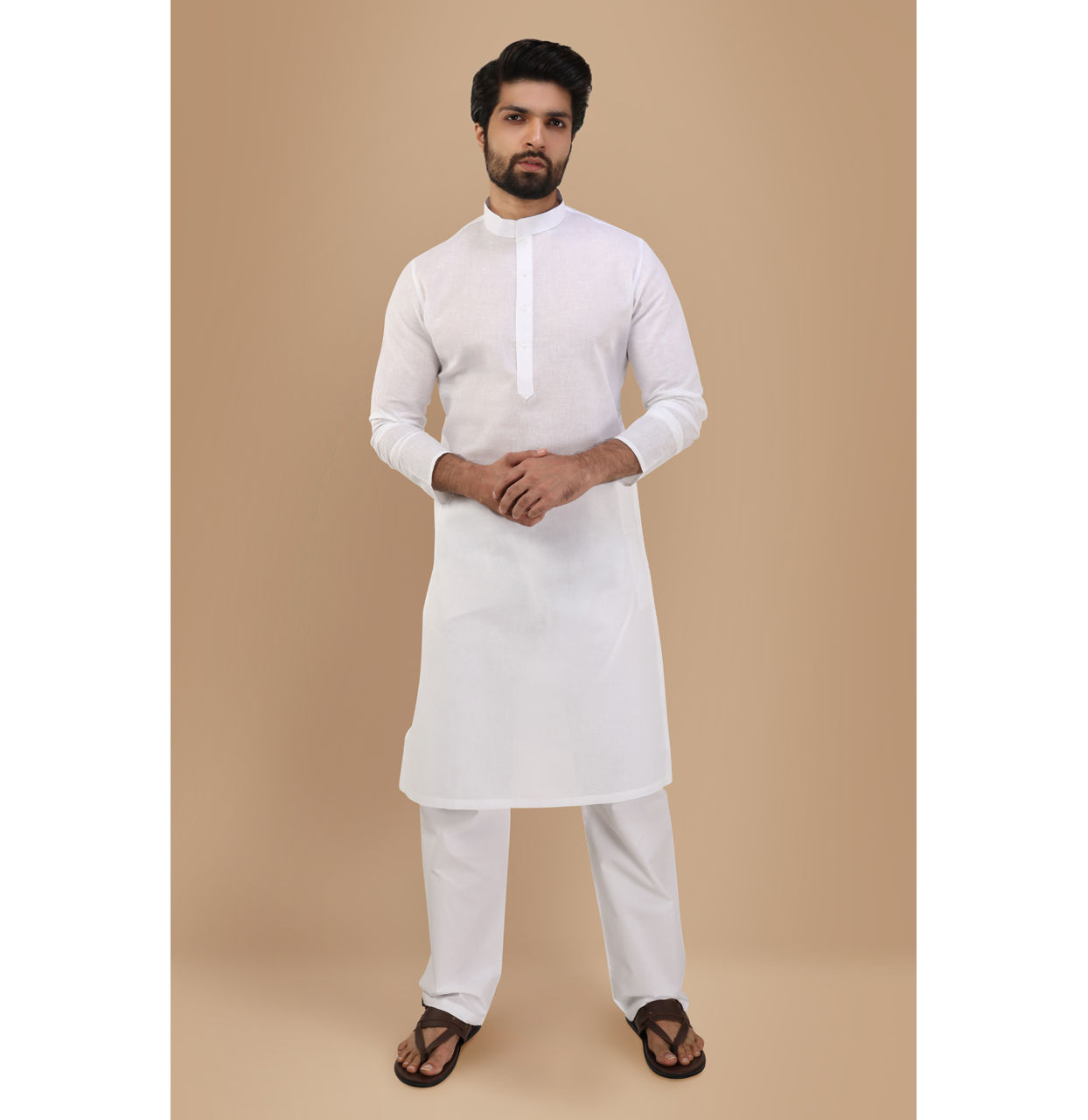 Manyavar Men Pearl White Solid Kurta Set