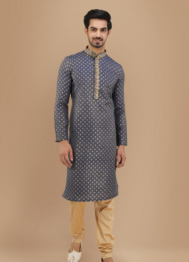 Manyavar Men Royal Blue Boota Work Kurta Set