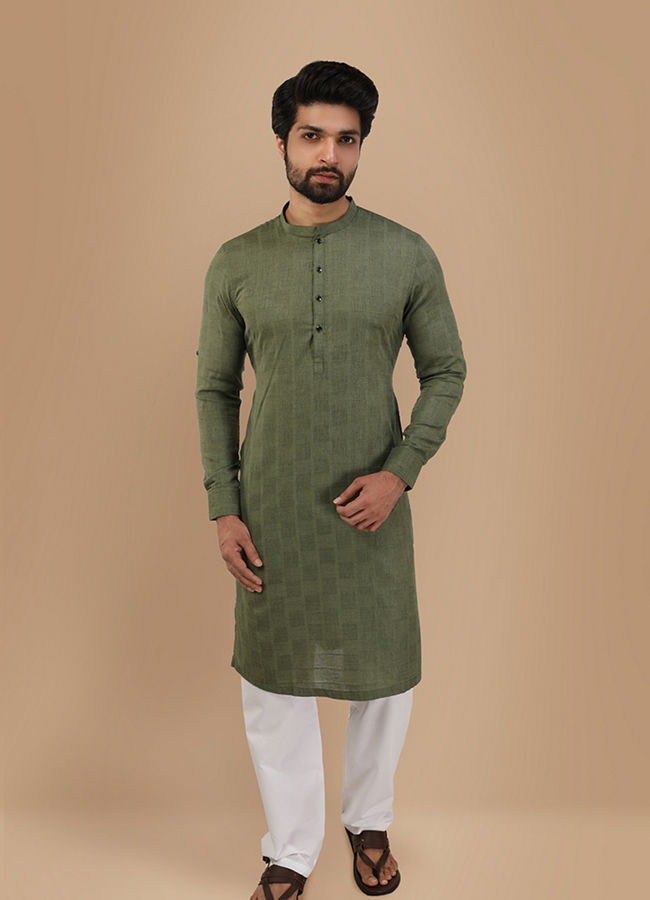 Manyavar Men Olive Green Self Chequered Kurta image number 1