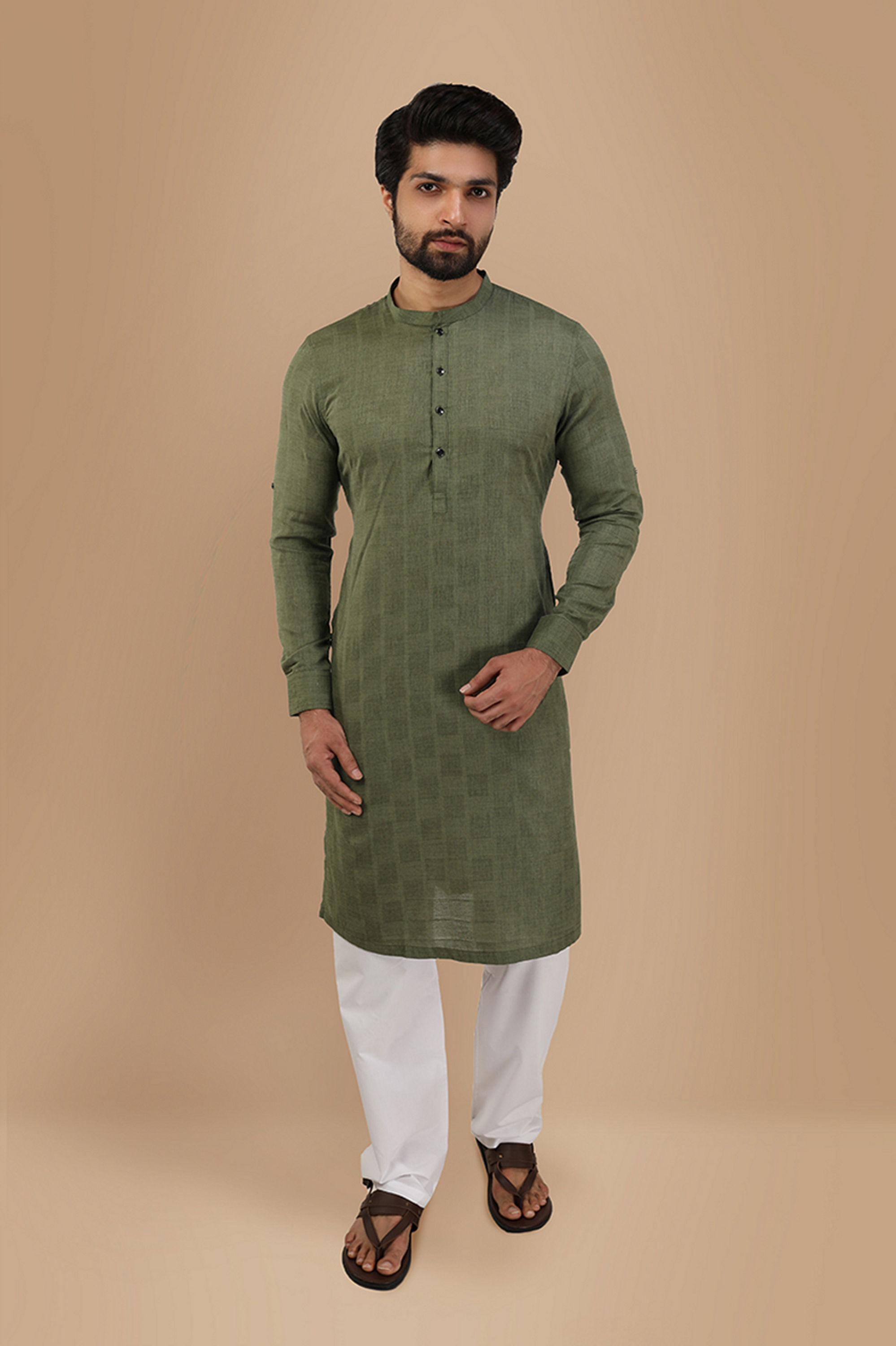 Manyavar Men Olive Green Self Chequered Kurta