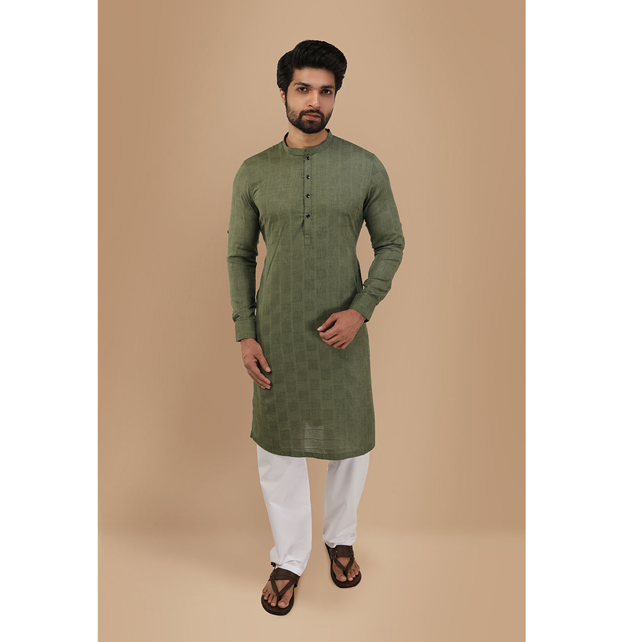 Manyavar Men Olive Green Self Chequered Kurta image number 1