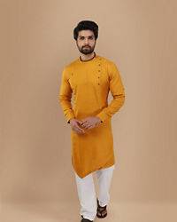 Manyavar Men Mustard Yellow Self Design Asymmetrical Kurta