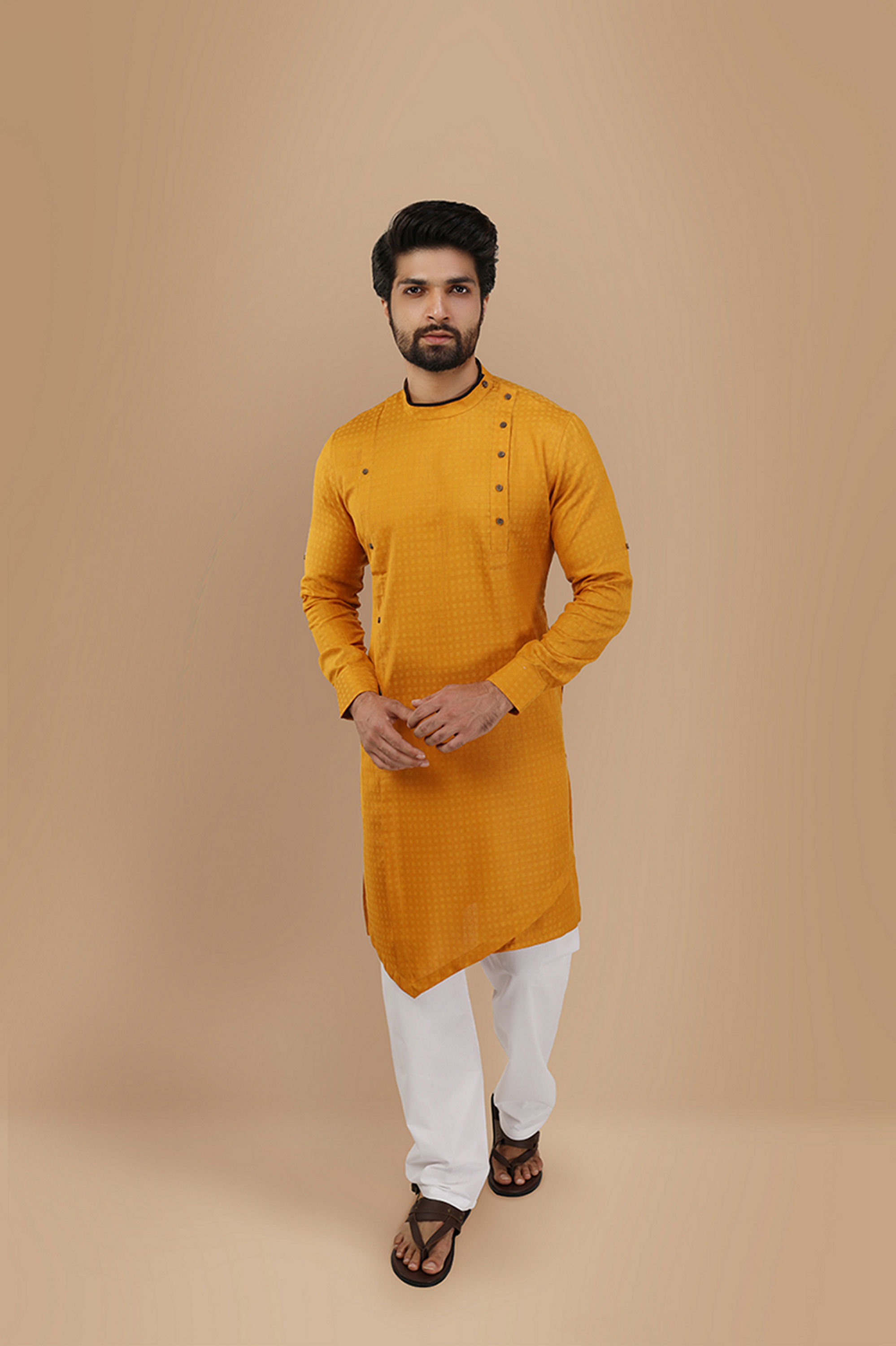 Manyavar Men Mustard Yellow Self Design Asymmetrical Kurta