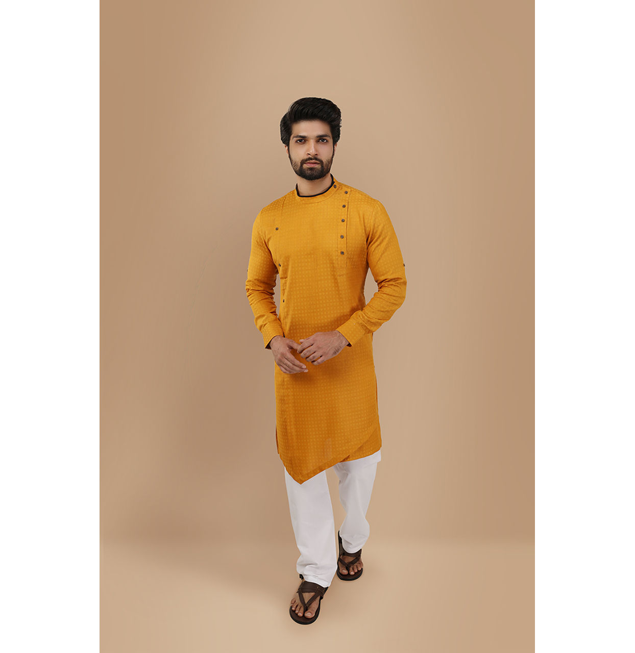 alt message - Manyavar Men Mustard Yellow Self Design Asymmetrical Kurta image number 1