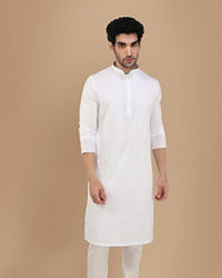 Manyavar Men Pearl White Self Striiped Kurta Set