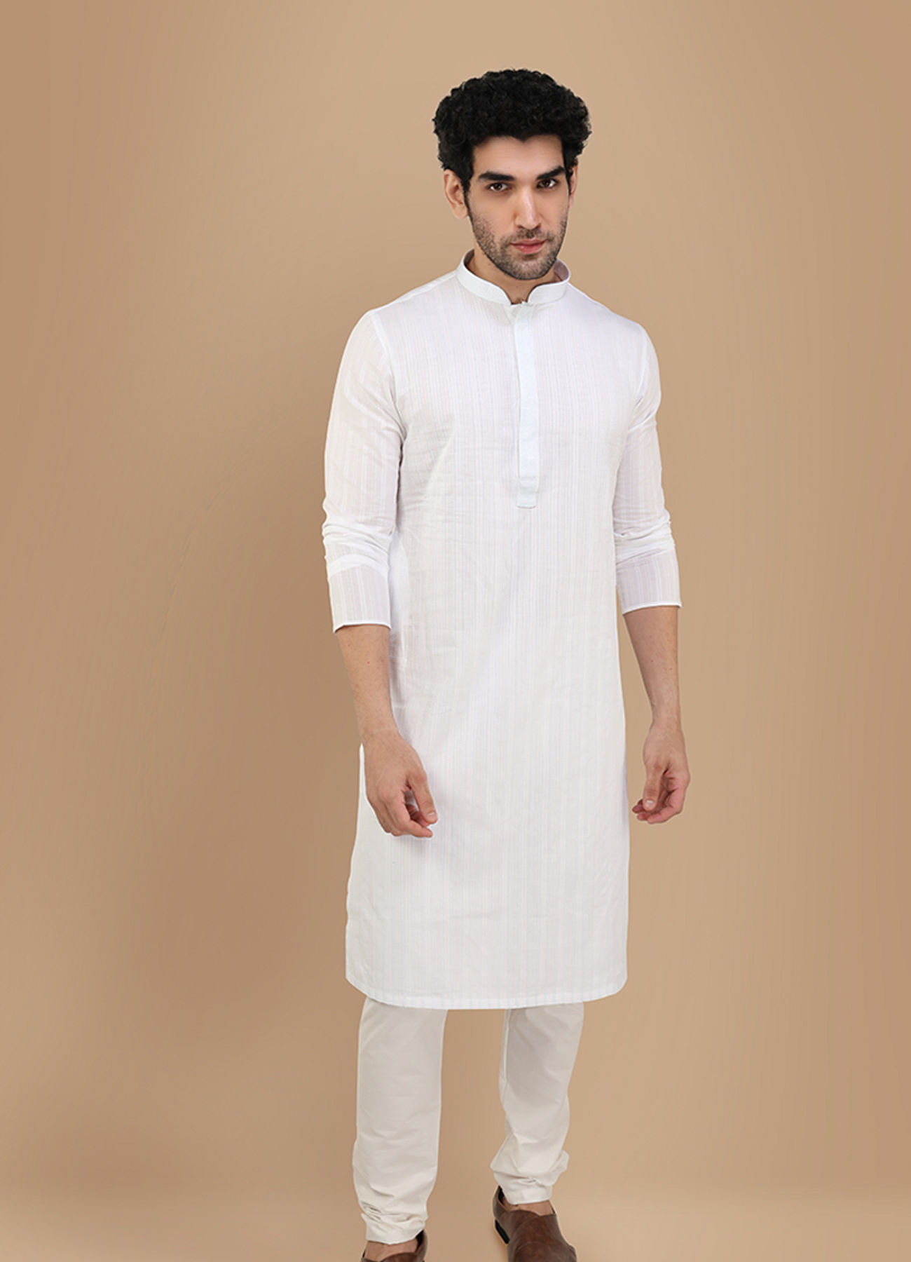 Manyavar Men Pearl White Self Striiped Kurta Set