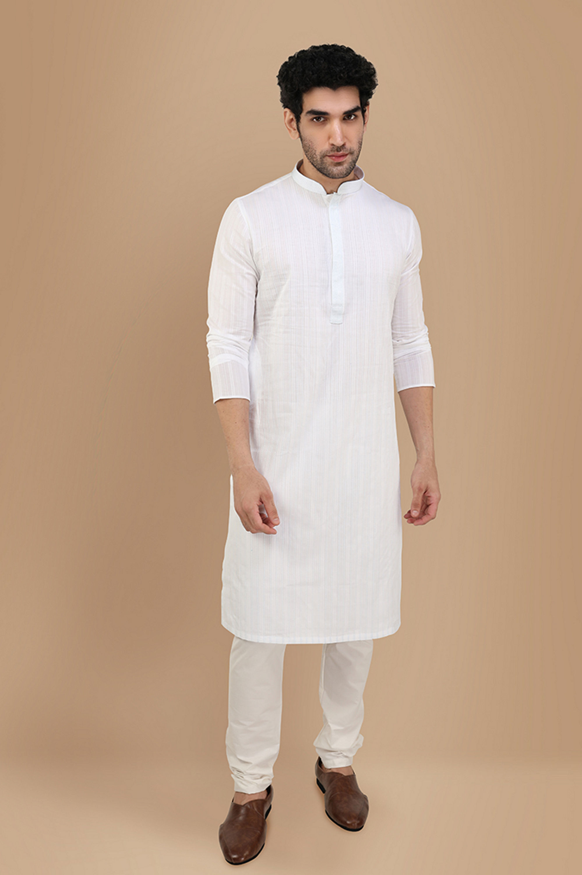 Manyavar Men Pearl White Self Striiped Kurta Set