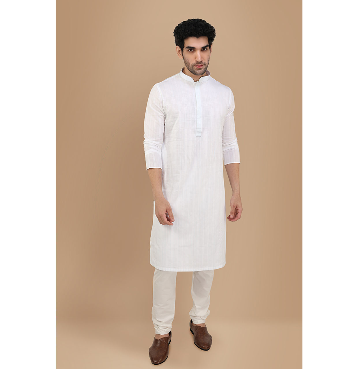 Manyavar Men Pearl White Self Striiped Kurta Set
