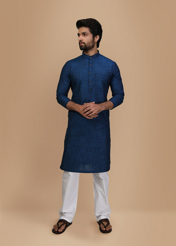Manyavar Men Minimalist Blue Cotton Blend Kurta