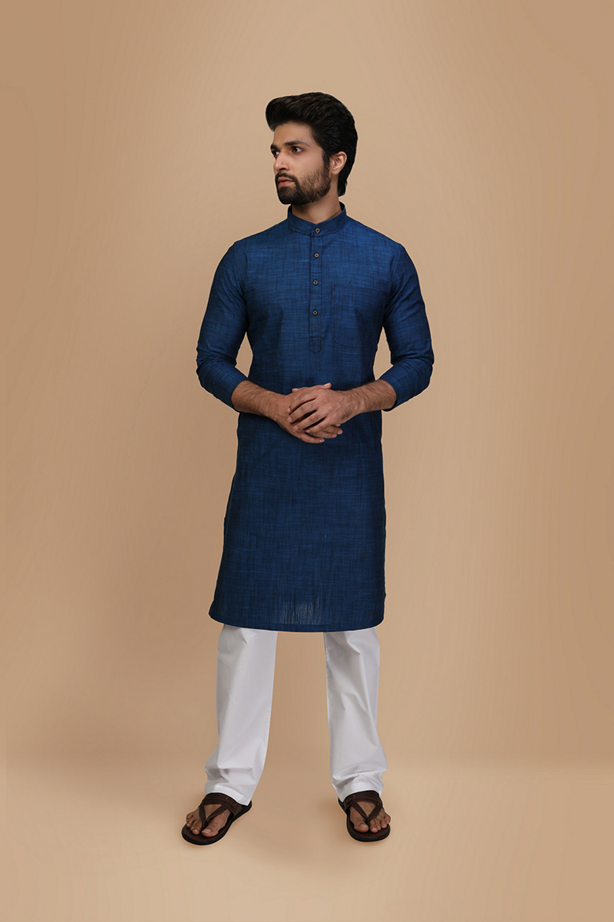 Manyavar Men Minimalist Blue Cotton Blend Kurta