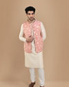 alt message - Manyavar Men Peach And Cream Festive Kurta Jacket With Floral Detailing image number 1