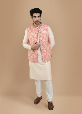 alt message - Manyavar Men Peach And Cream Festive Kurta Jacket With Floral Detailing image number 1