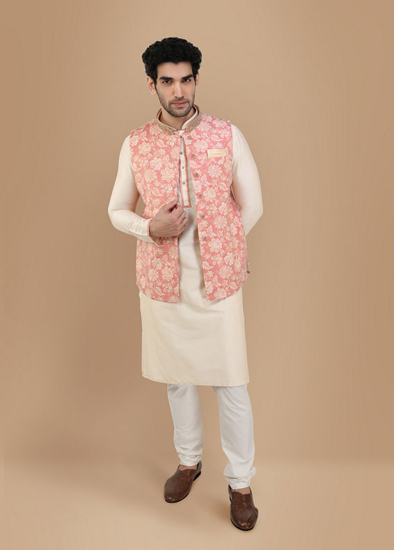 Manyavar Men Peach And Cream Festive Kurta Jacket With Floral Detailing