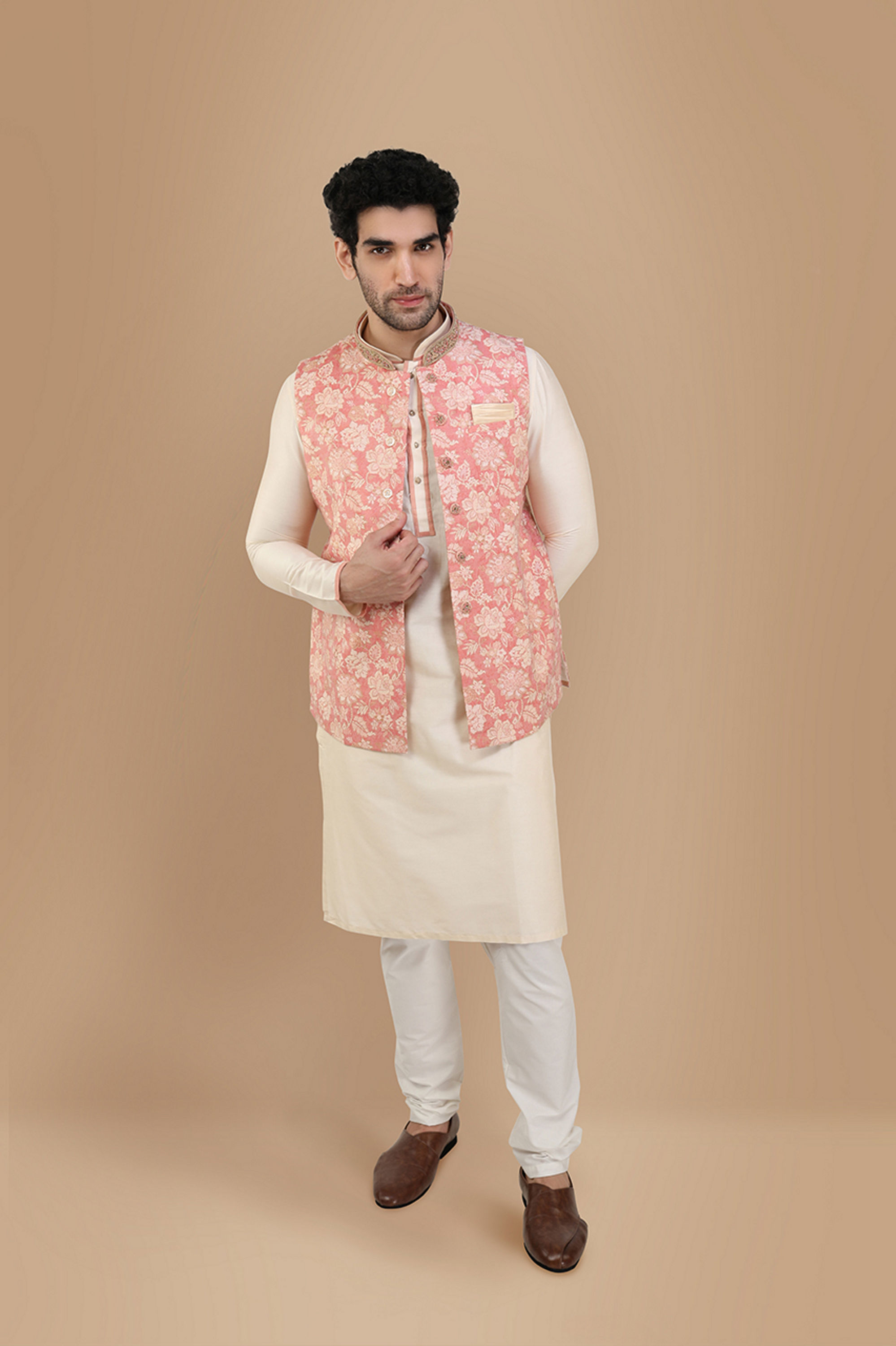 Manyavar Men Peach And Cream Festive Kurta Jacket With Floral Detailing