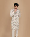 alt message - Manyavar Men Off White Side Open Floral Print Kurta image number 1