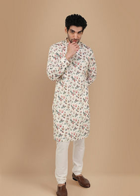 alt message - Manyavar Men Off White Side Open Floral Print Kurta image number 1