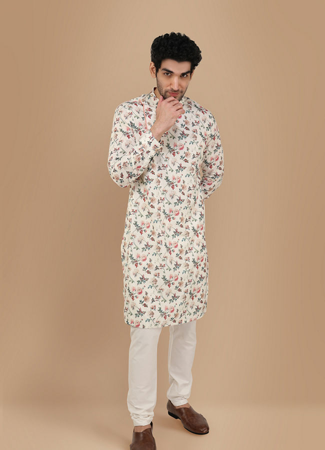 alt message - Manyavar Men Off White Side Open Floral Print Kurta image number 1