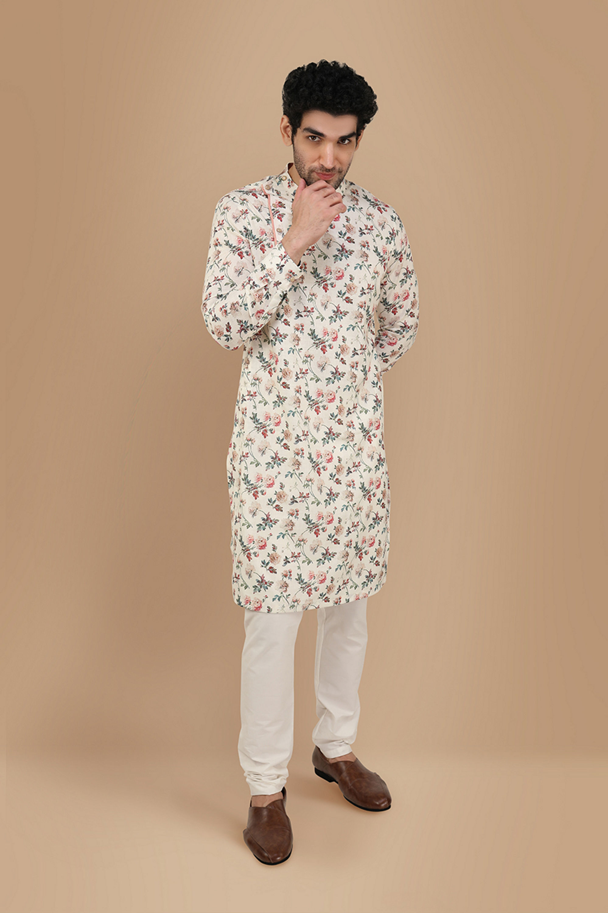 Manyavar Men Off White Side Open Floral Print Kurta