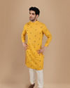 alt message - Manyavar Men Mustard Yellow Thread Embroidered Kurta image number 1