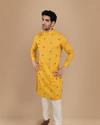 Manyavar Men Mustard Yellow Thread Embroidered Kurta