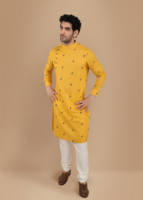 alt message - Manyavar Men Mustard Yellow Thread Embroidered Kurta image number 1