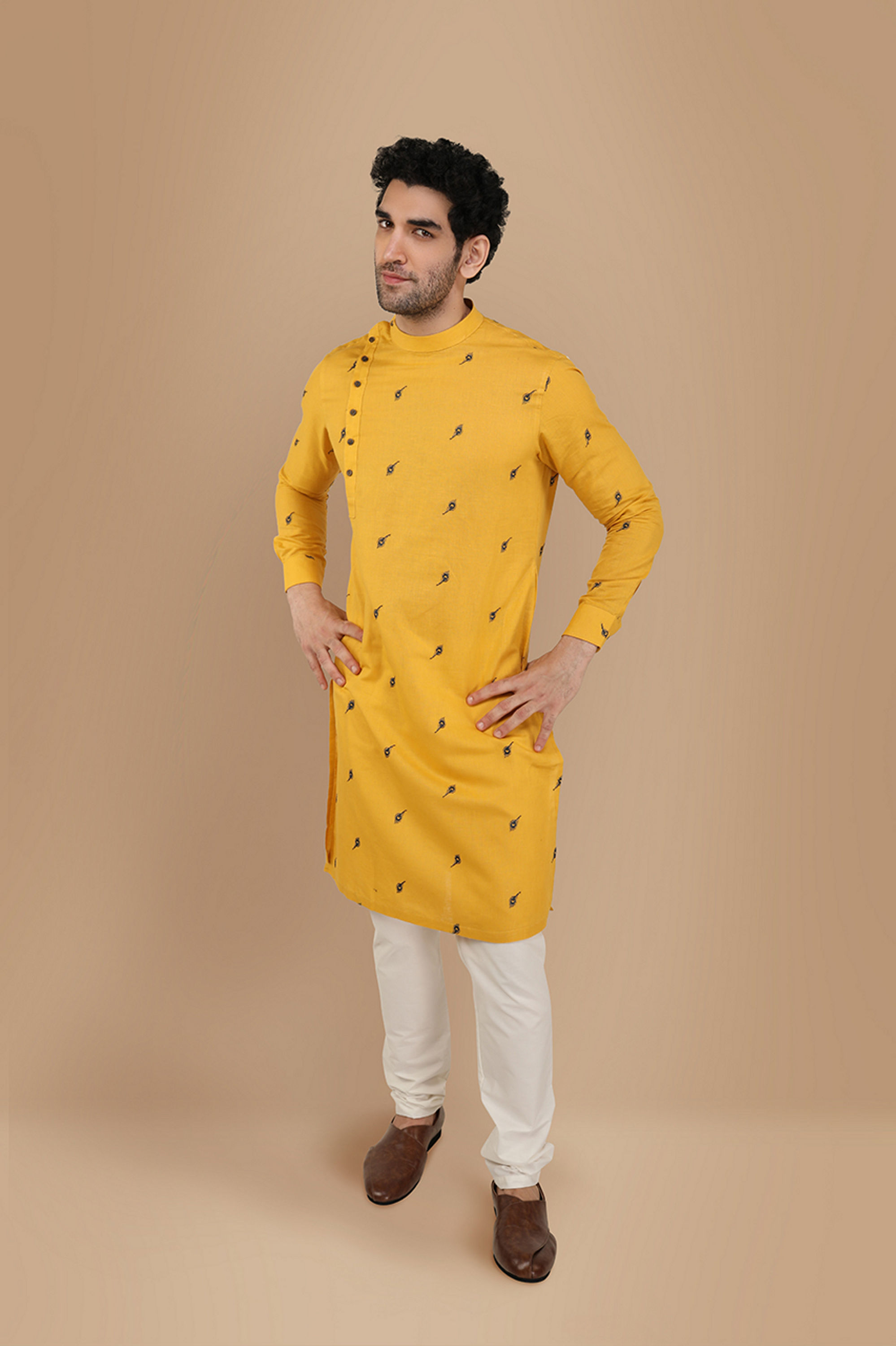 Manyavar Men Mustard Yellow Thread Embroidered Kurta